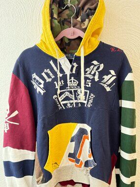 Rare Limited - Polo Ralph Lauren Patchwork Rugby Hoodie Camo Hood Skull Men's M